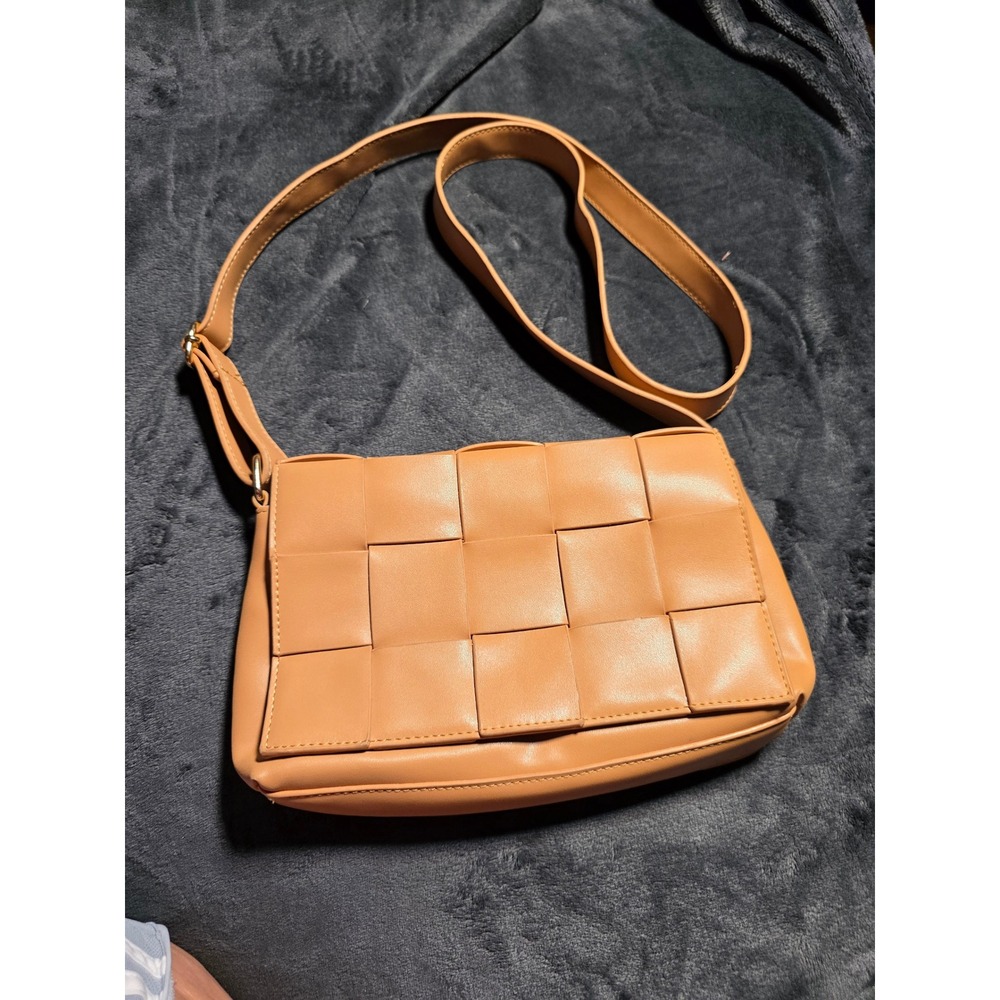 Alexis Bendel Tan Woven Flap Crossbody Bag Striped Lining Camel